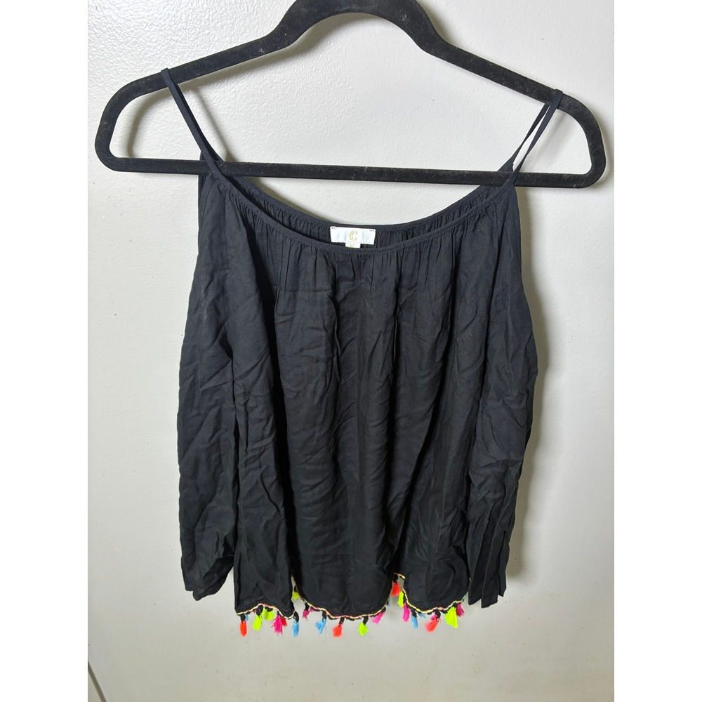 C Black Cold Shoulder Tassel Trim Blouse XL Short Sleeve Boho Festival Top